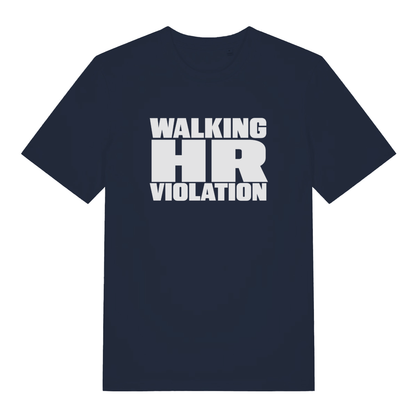 Navy women's HR Violation funny graphic t-shirt with striking white "WALKING HR VIOLATION" text in sarcastic office pun style  