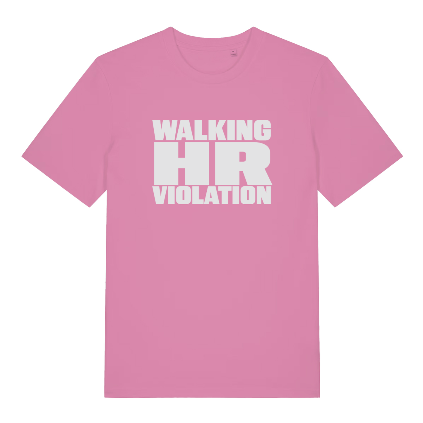 Pink women's HR Violation funny graphic t-shirt showing fun bold "WALKING HR VIOLATION" lettering for sassy ladies statement  