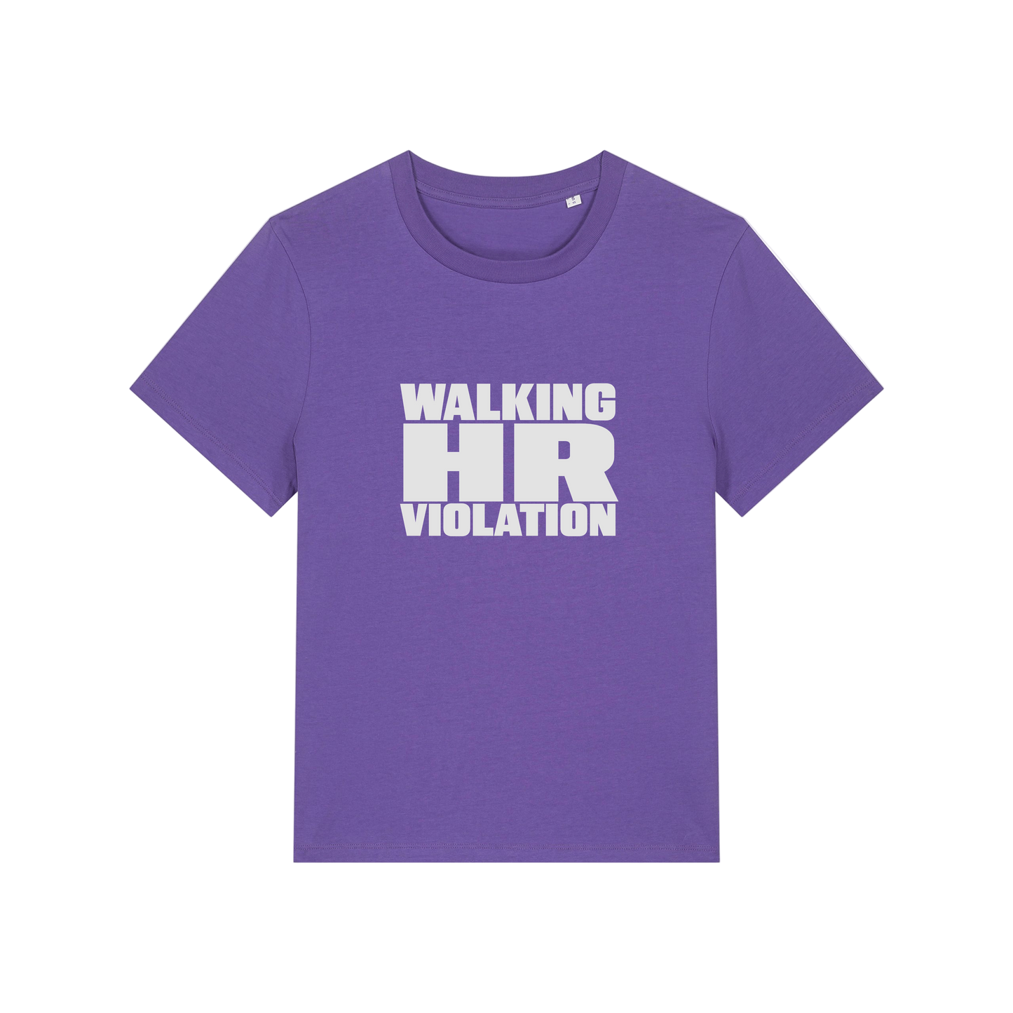purple funny slogan t-shirt that reads 'walking hr violation'
