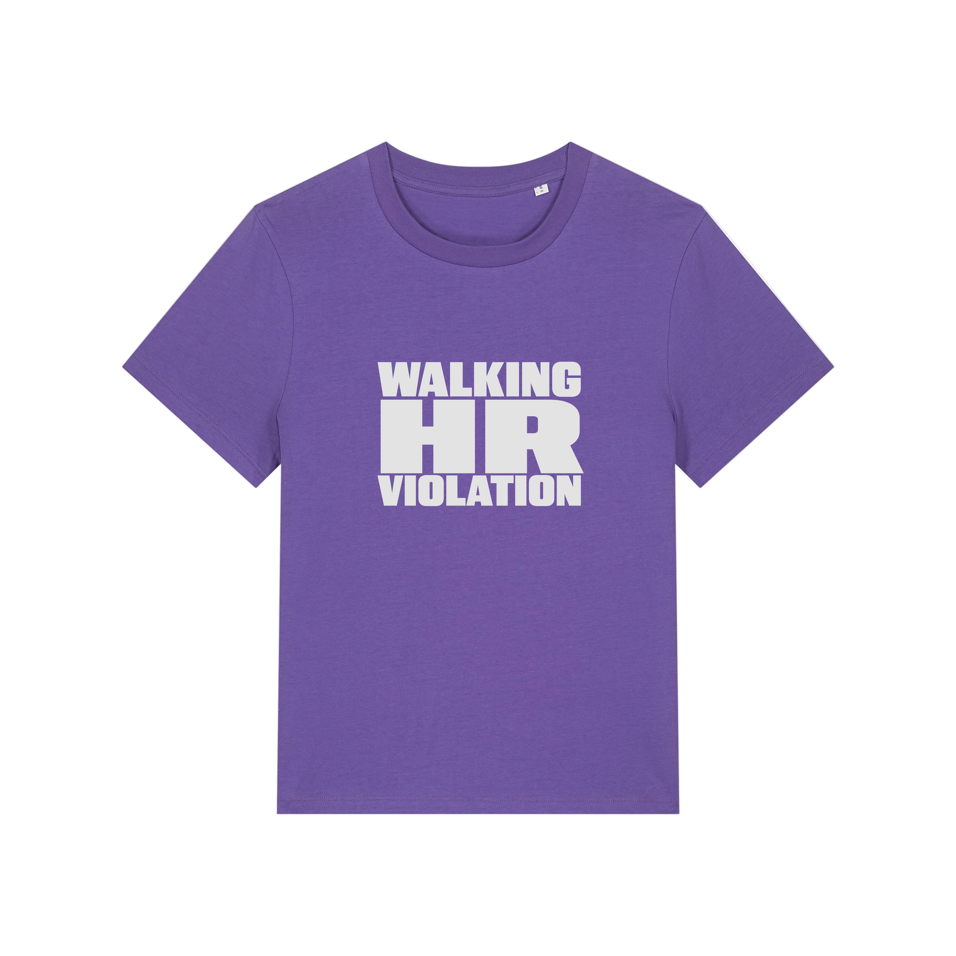 purple funny slogan t-shirt that reads 'walking hr violation'