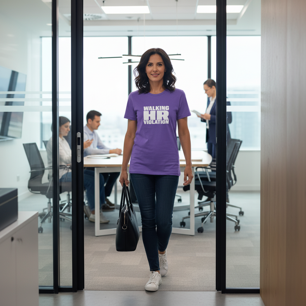 Woman wearing a purple funny slogan t-shirt with 'walking hr violation' whilst in an office setting