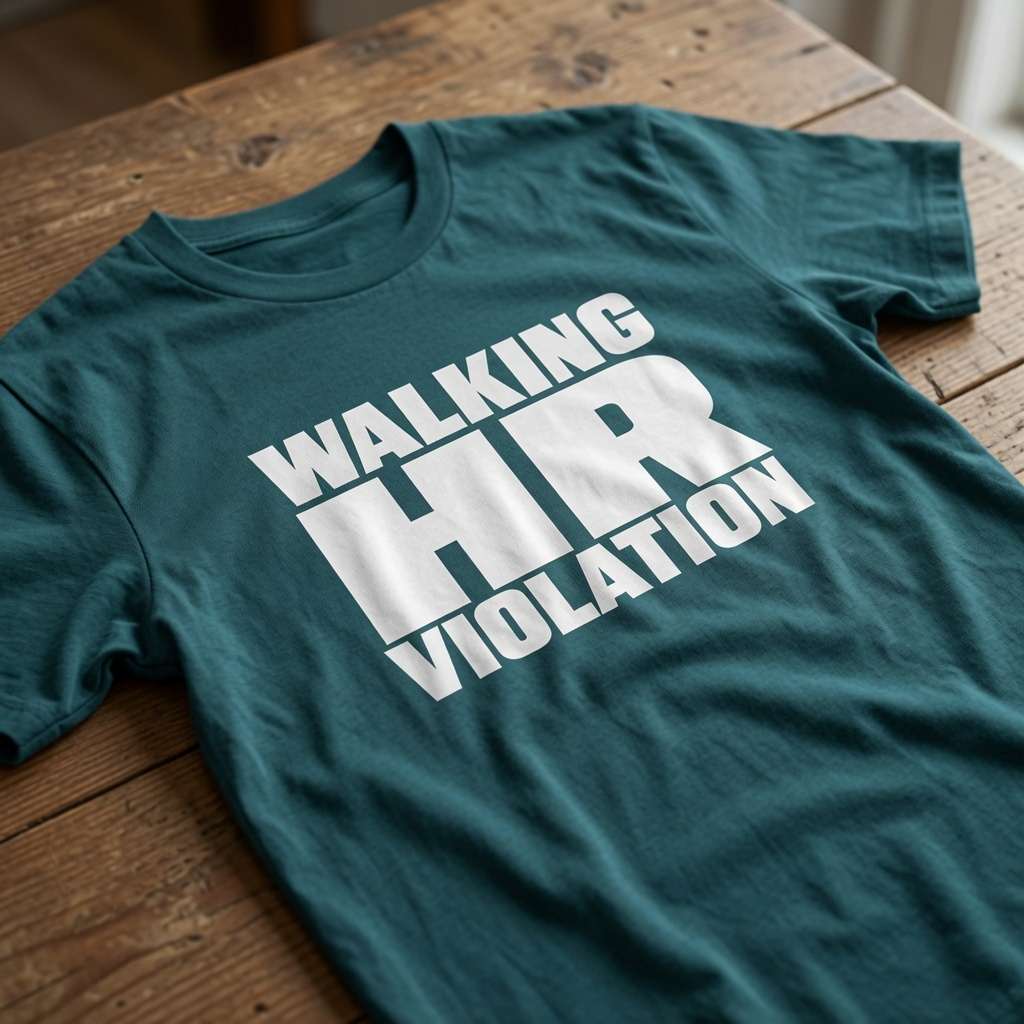 Stargazer Walking HR Violation t-shirt on wood, funny ladies office work related slogan