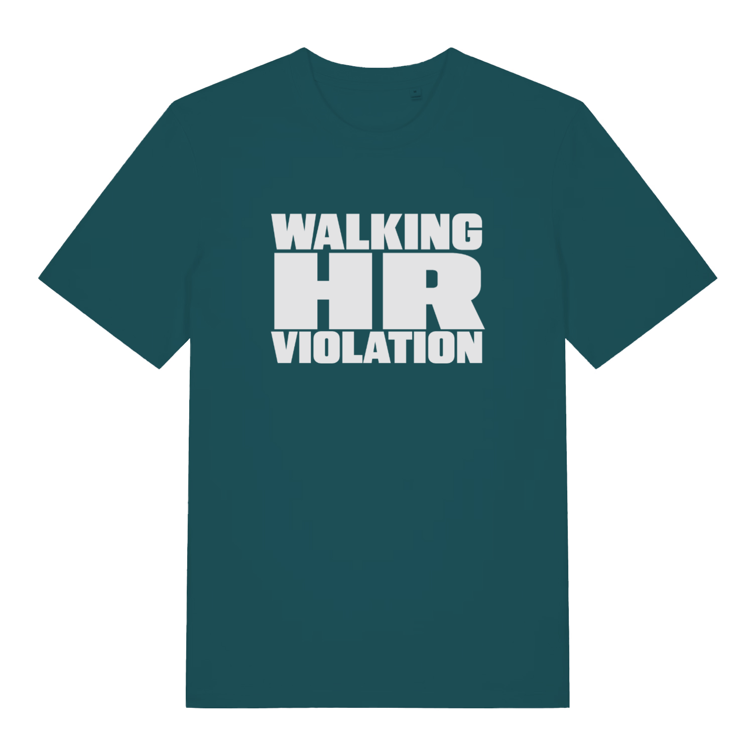 Stargazer women's HR Violation funny graphic t-shirt with prominent white "WALKING HR VIOLATION" slogan on premium dark teal fabric  