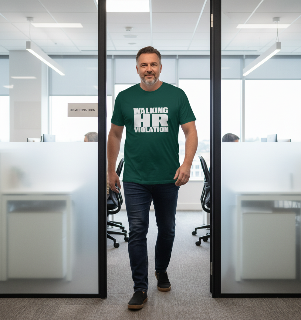 Man wearing a green t-shirt with 'Walking HR Violation' text in an office setting