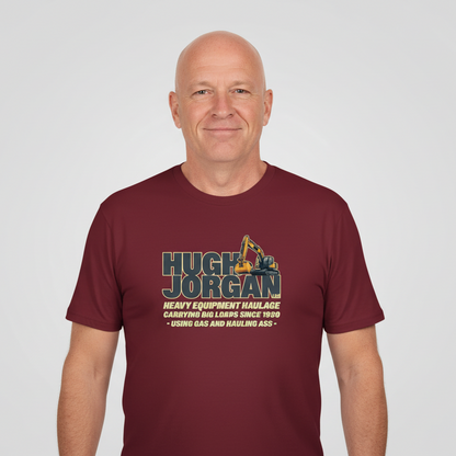 Man wearing a maroon t-shirt with humorous slogan 
