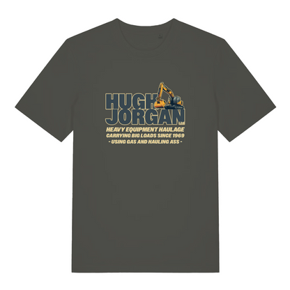 khaki funny offensive t-shirt with the graphic of a digger and the slogan 'hugh jorgan heavy equipment haulage carrying big loads since 1969 - using gas and hauling ass'