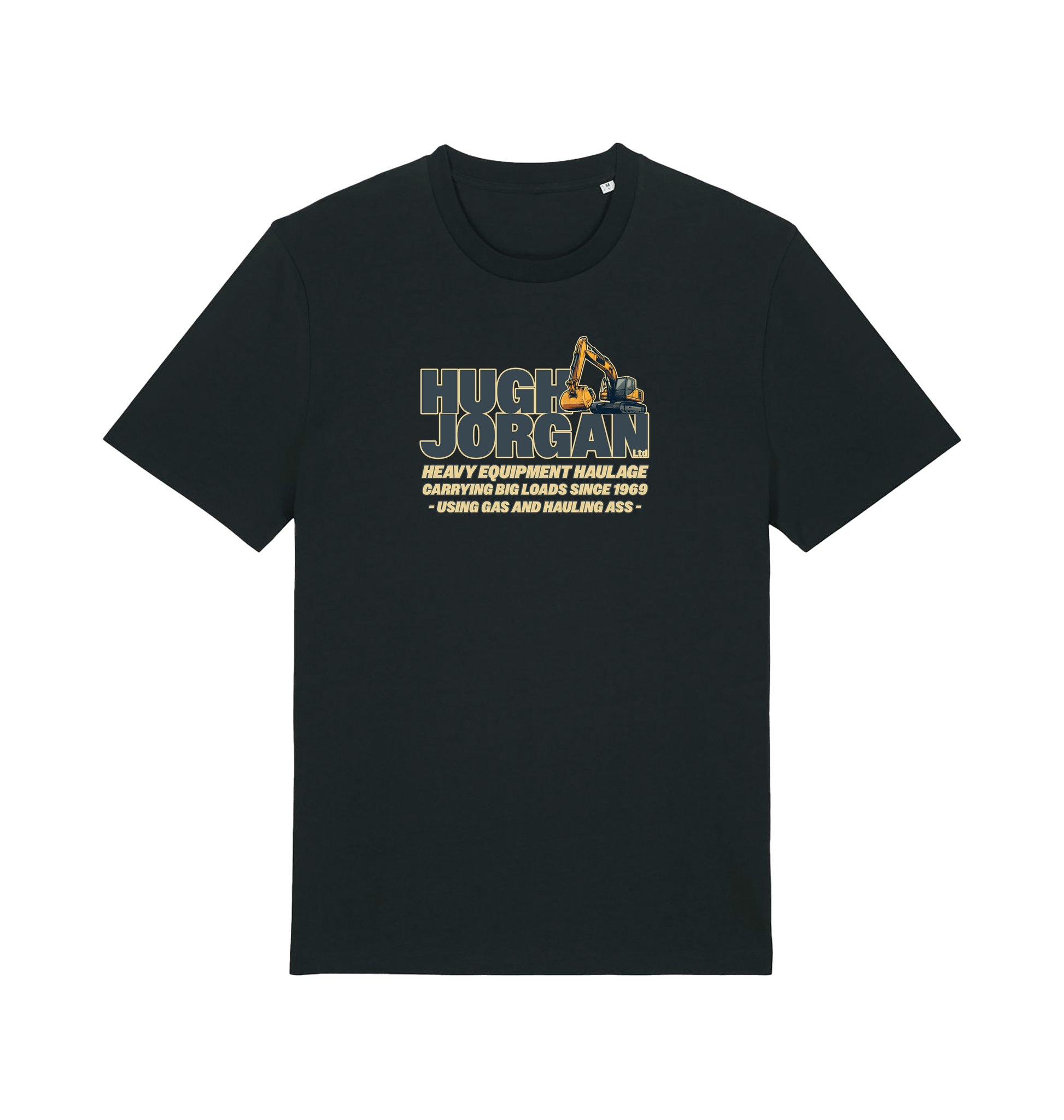 Black funny offensive  t-shirt with 'Hugh Jorgan' graphic design 