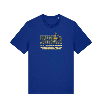 blue funny offensive  t-shirt with 'Hugh Jorgan' graphic design 
