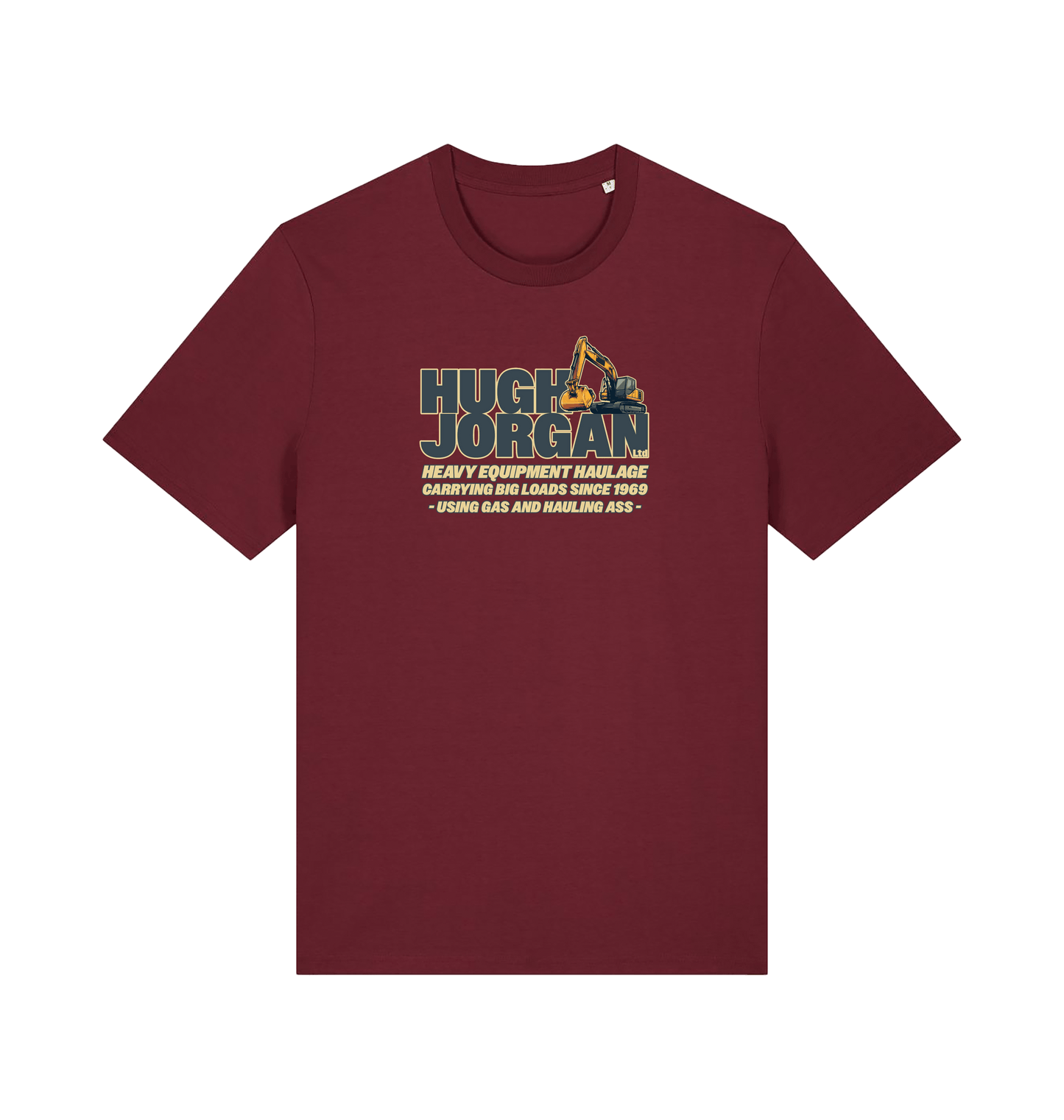 burgundy funny offensive  t-shirt with 'Hugh Jorgan' graphic design 