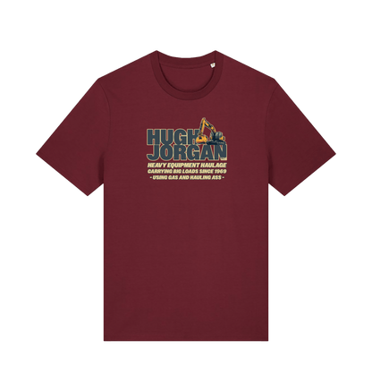 burgundy funny offensive  t-shirt with 'Hugh Jorgan' graphic design 