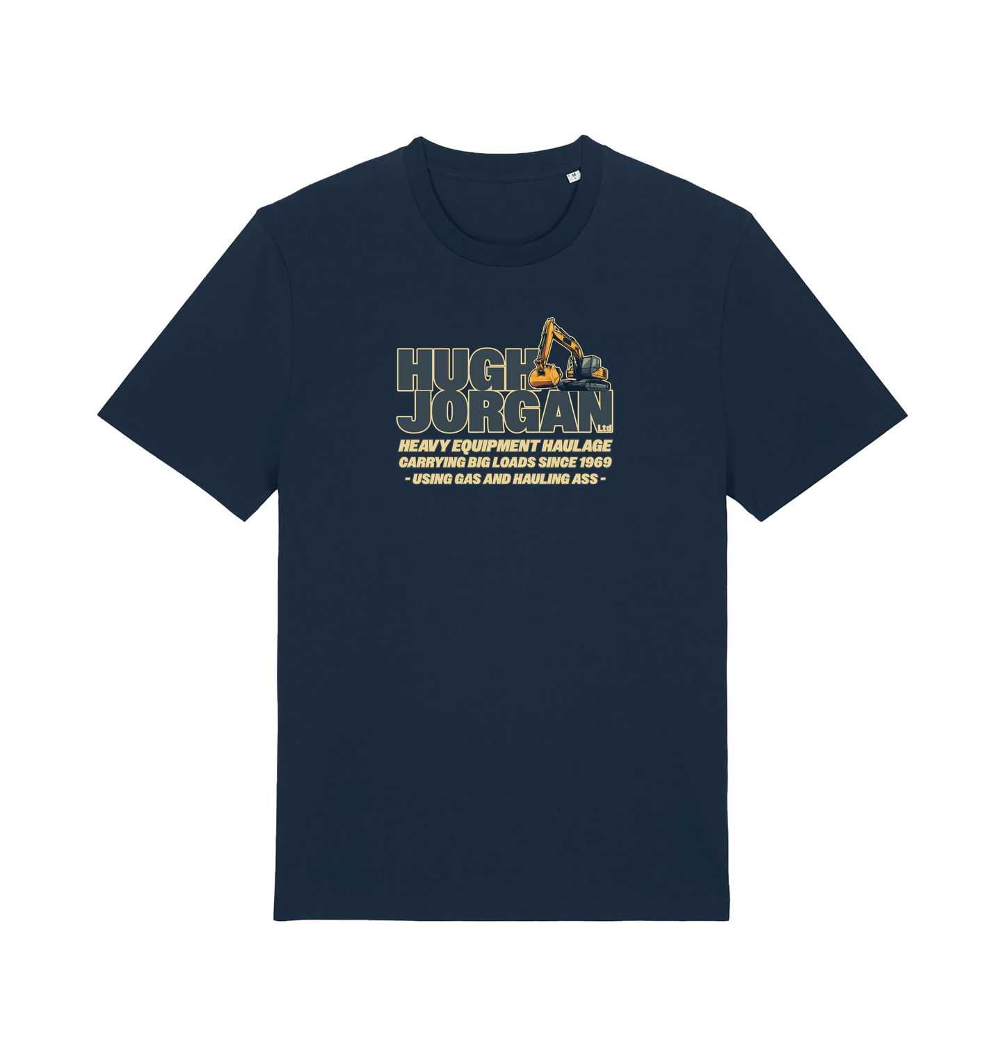 navy funny offensive  t-shirt with 'Hugh Jorgan' graphic design 