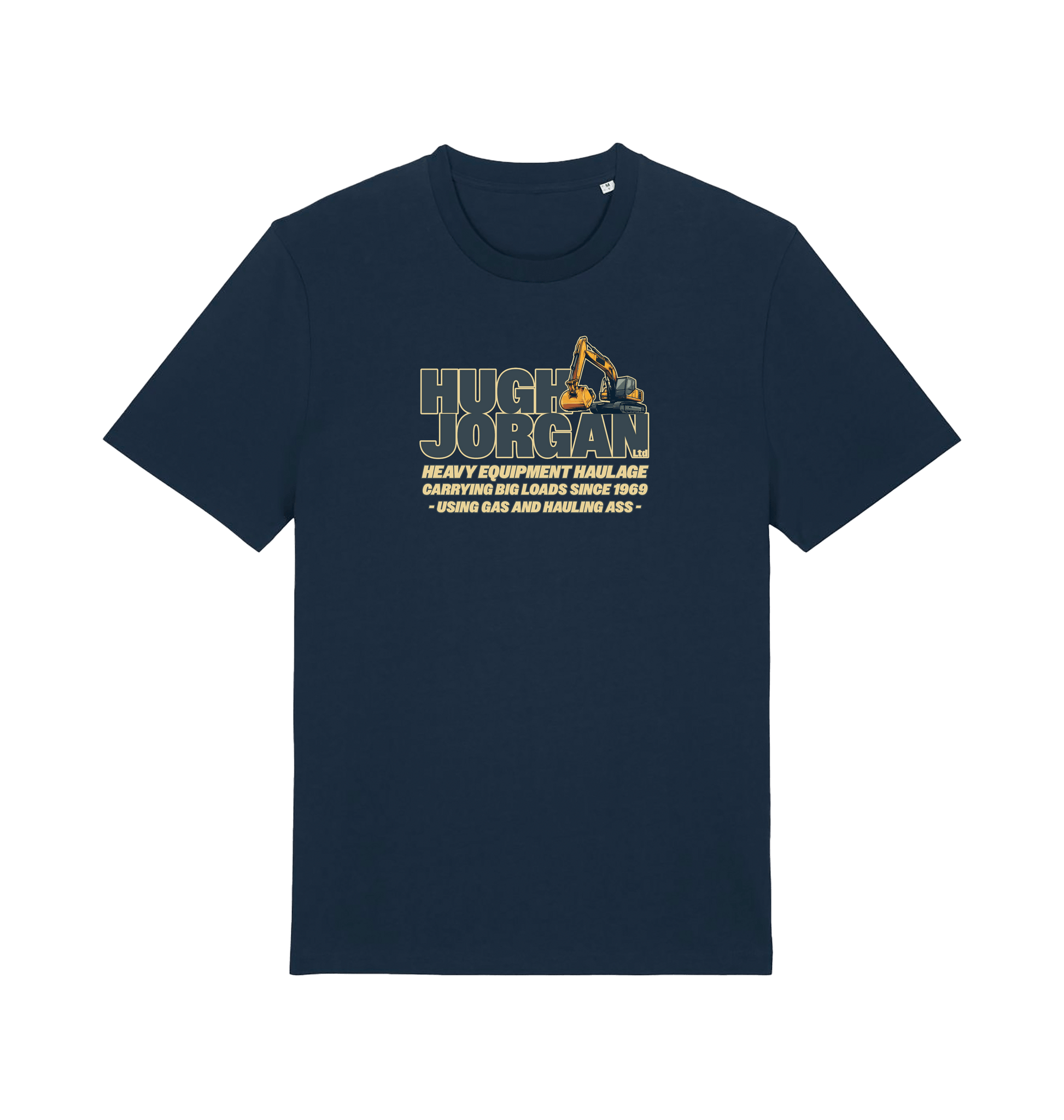 navy funny offensive  t-shirt with 'Hugh Jorgan' graphic design 