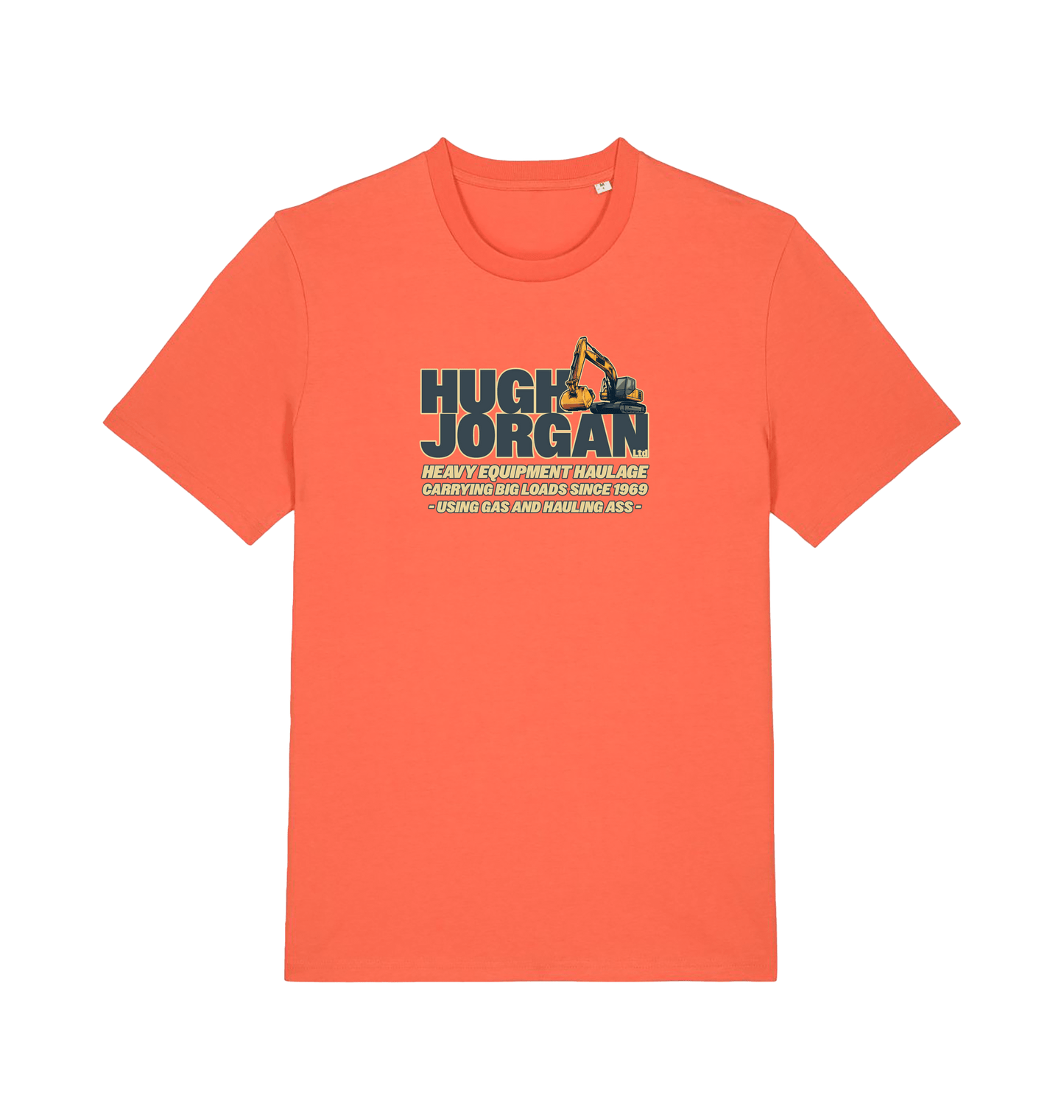 orange funny offensive  t-shirt with 'Hugh Jorgan' graphic design 
