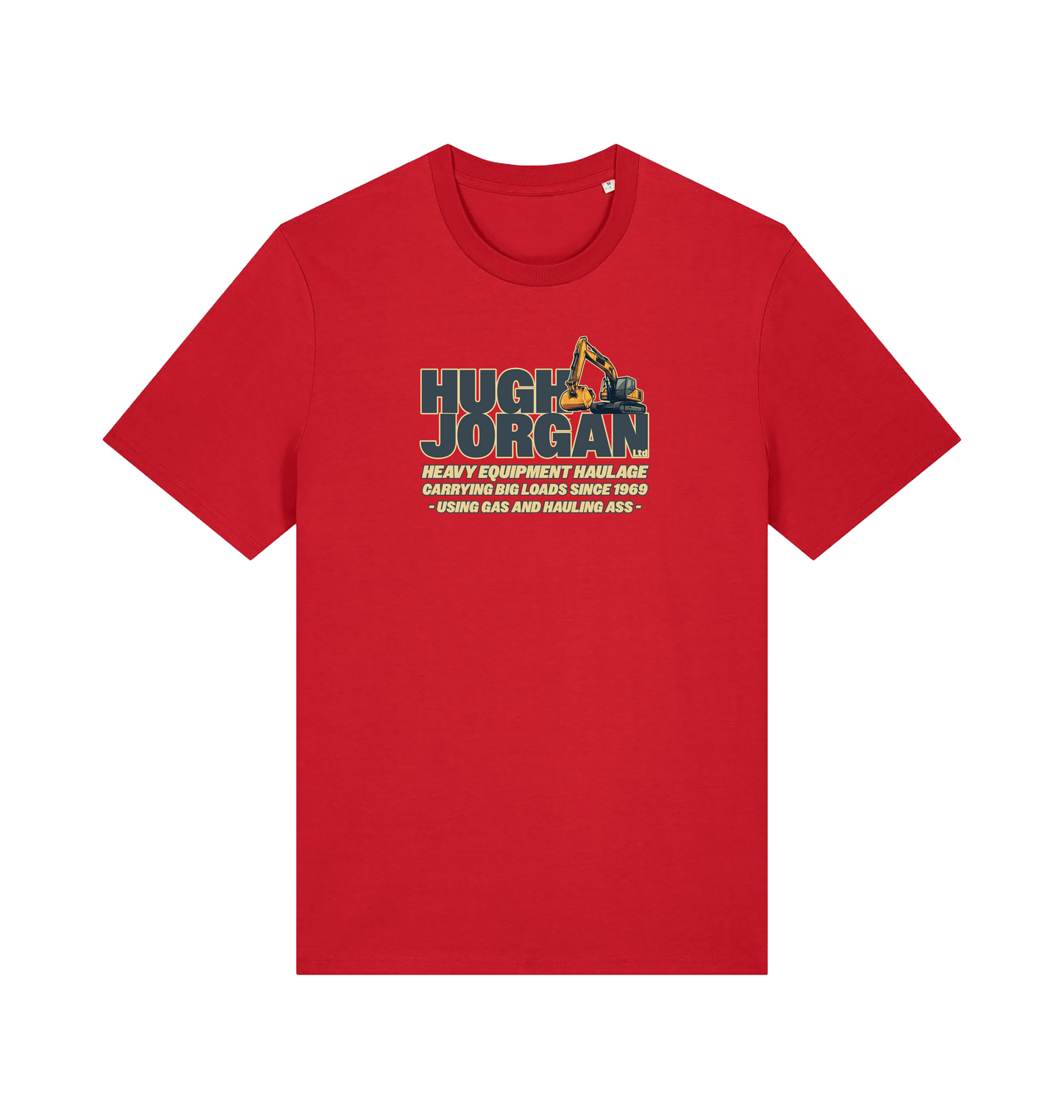 red funny offensive  t-shirt with 'Hugh Jorgan' graphic design 