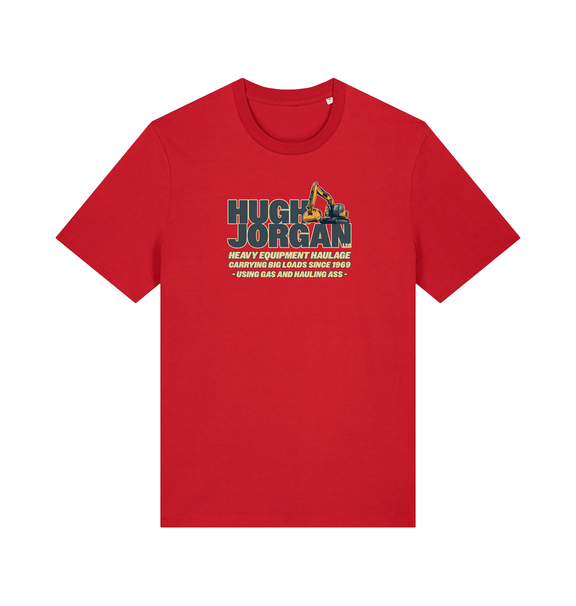 red funny offensive  t-shirt with 'Hugh Jorgan' graphic design 