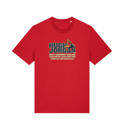 red funny offensive  t-shirt with 'Hugh Jorgan' graphic design 