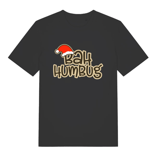 Black Bah Humbug funny graphic t-shirt with Santa hat on bold "BAH HUMBUG" lettering, perfect sarcastic Christmas slogan tee  