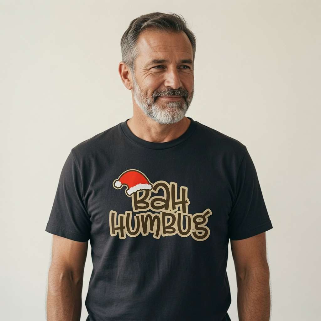 Grey-bearded man smiling in black Bah Humbug tee, fun mens cheeky christmas slogan