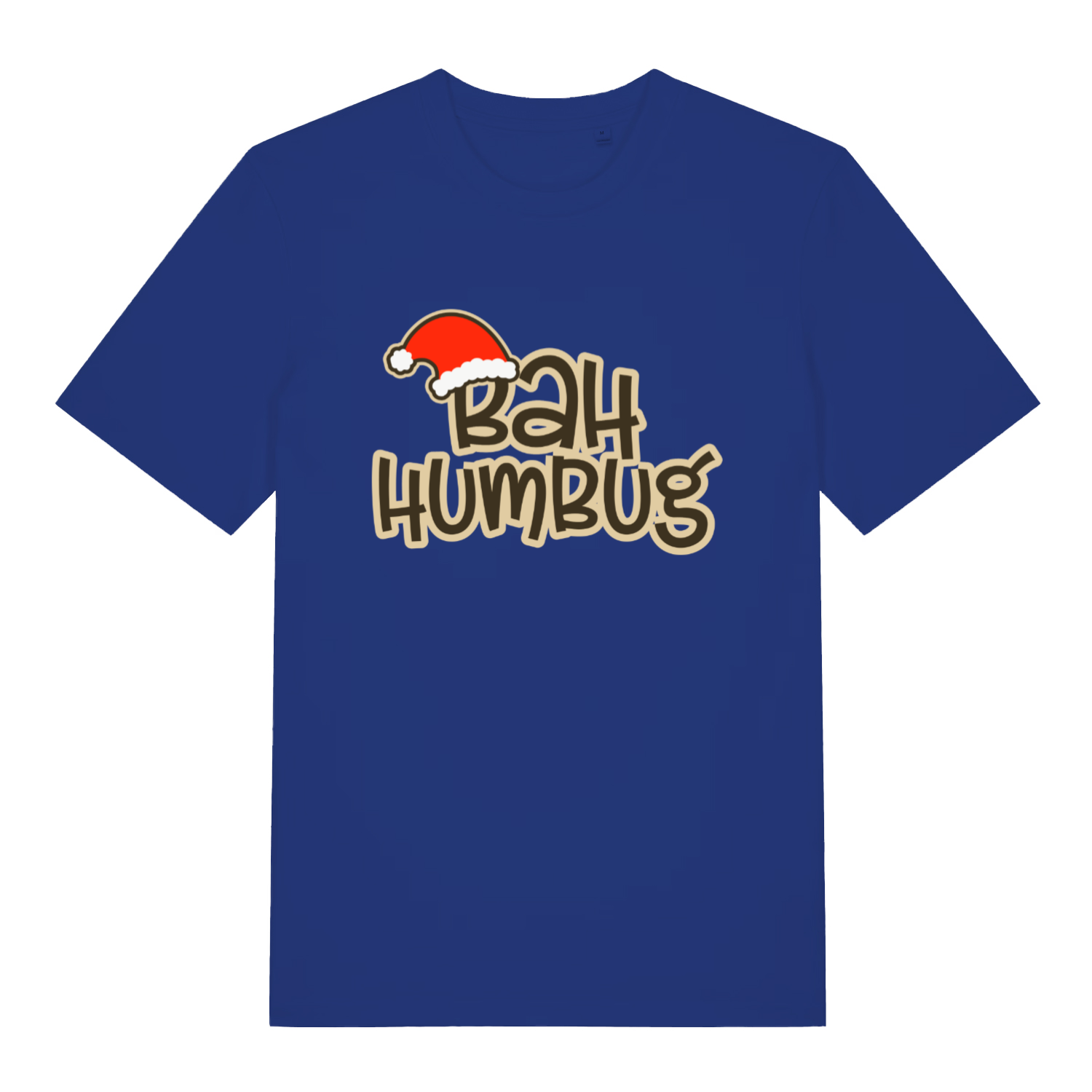 Blue Bah Humbug funny graphic t-shirt featuring festive Santa hat and cheeky "BAH HUMBUG" text on premium cotton  