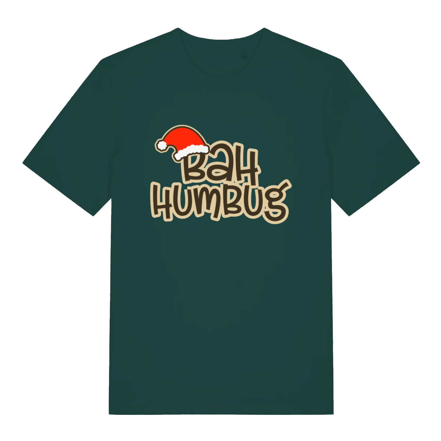 Green Bah Humbug funny graphic t-shirt displaying fun Santa hat over "BAH HUMBUG" slogan for holiday Grinches  