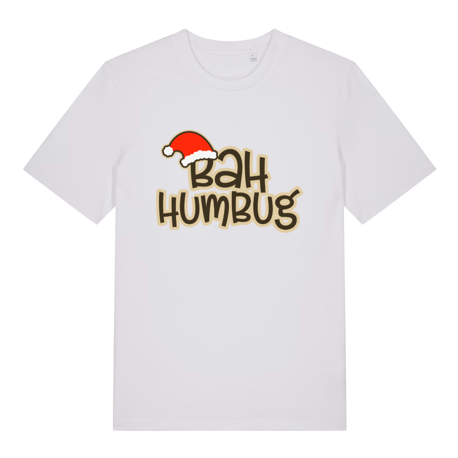 White Bah Humbug funny graphic t-shirt showing a Santa hat on bold "BAH HUMBUG" lettering for festive sarcasm  