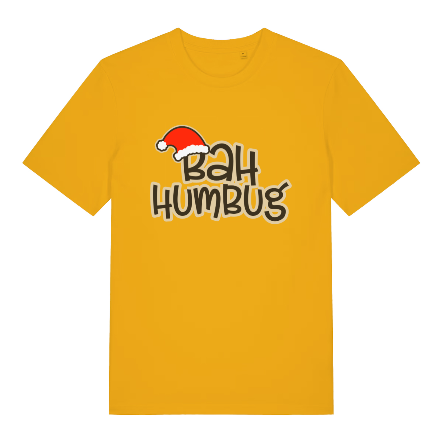 Yellow Bah Humbug funny graphic t-shirt showing vibrant Santa hat on bold "BAH HUMBUG" lettering for festive sarcasm  