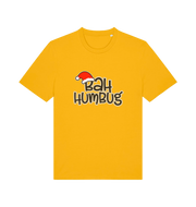 yellow christmas t-shirt with 'Bah Humbug' slogan and Santa hat graphic 