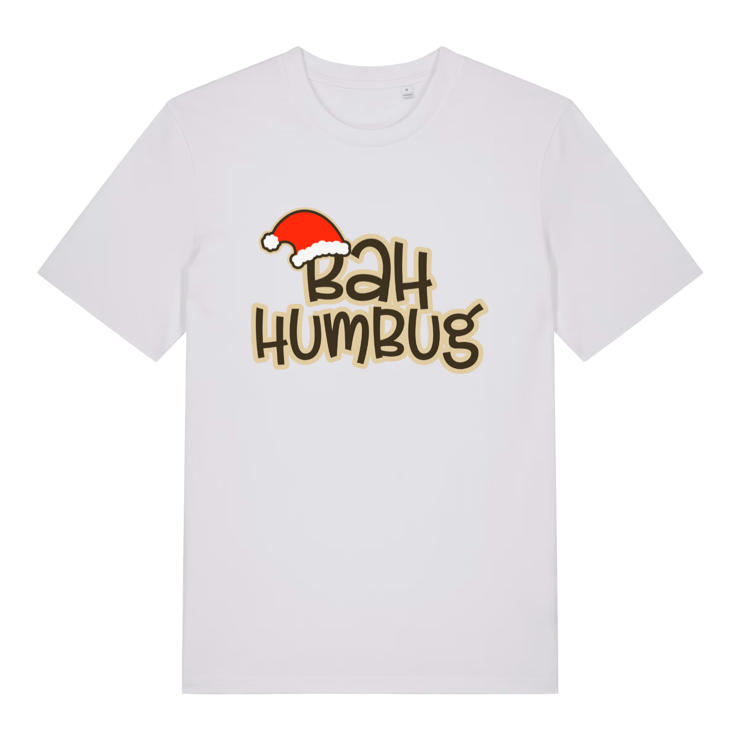 White women's Bah Humbug funny graphic t-shirt with festive Santa hat on bold "BAH HUMBUG" lettering, perfect sarcastic Christmas slogan  