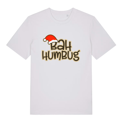 White women's Bah Humbug funny graphic t-shirt with festive Santa hat on bold "BAH HUMBUG" lettering, perfect sarcastic Christmas slogan  