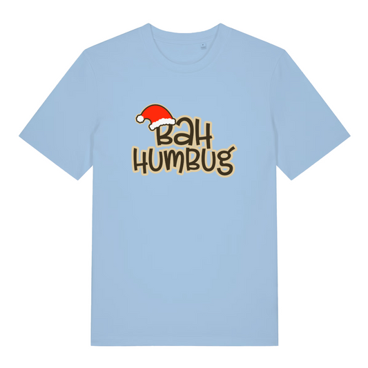 light blue women's christmas t-shirt with 'Bah Humbug' text and Santa hat graphic