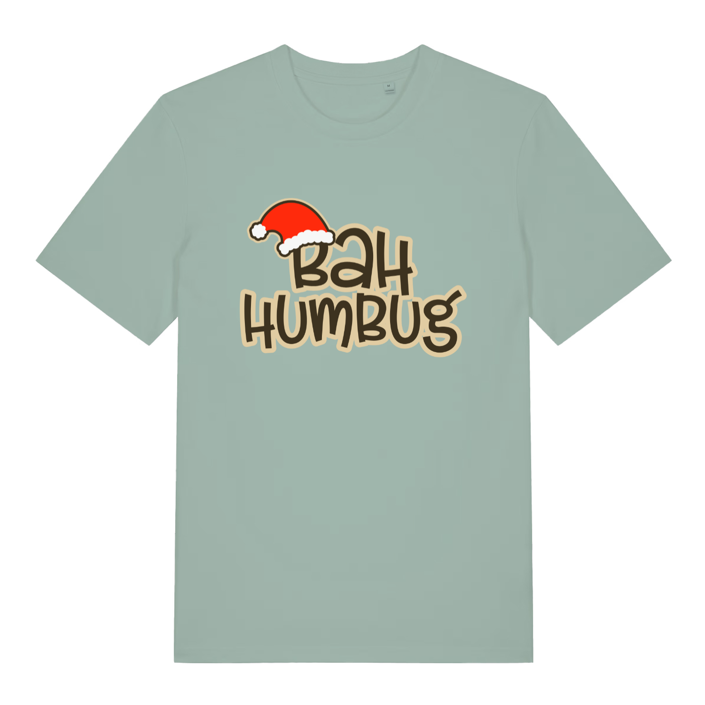 Light green women's Bah Humbug funny graphic t-shirt featuring cheeky Santa hat and "BAH HUMBUG" text on soft ladies fit  
