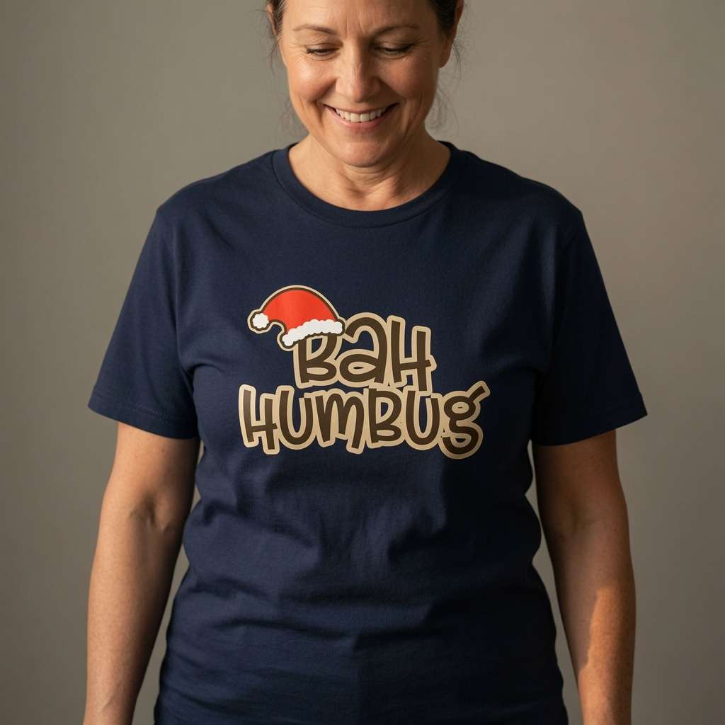Woman looking down smiling in navy Bah Humbug tee, fun cheeky ladies xmas slogan