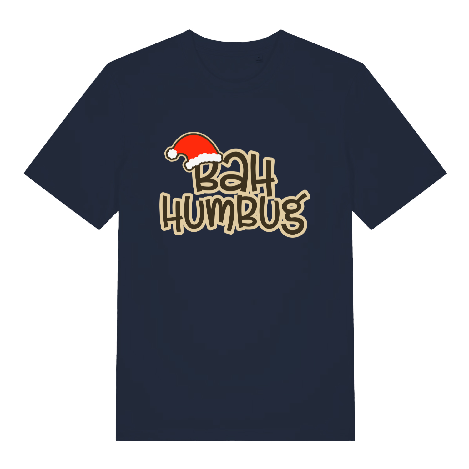 Navy women's Bah Humbug funny graphic t-shirt displaying Santa hat over witty "BAH HUMBUG" holiday pun design  
