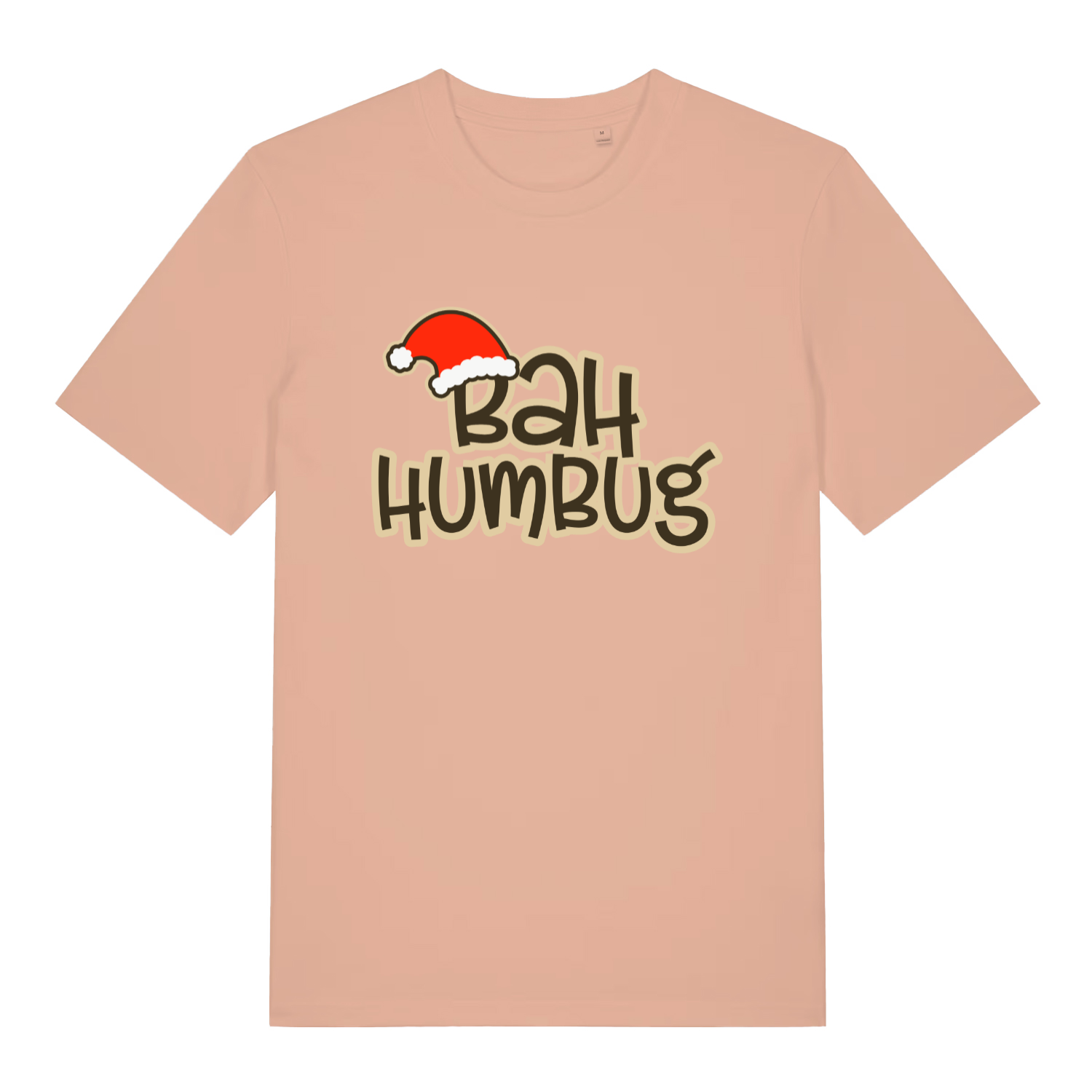 Peach women's Bah Humbug funny graphic t-shirt with vibrant Santa hat and bold "BAH HUMBUG" slogan for festive Grinches  