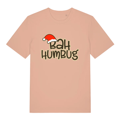 Peach women's Bah Humbug funny graphic t-shirt with vibrant Santa hat and bold "BAH HUMBUG" slogan for festive Grinches  