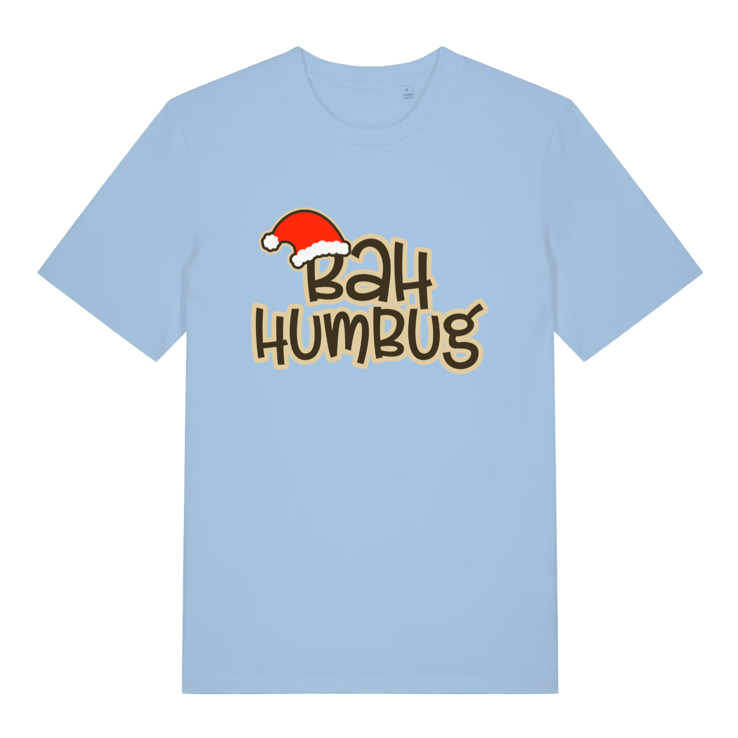 Sky blue women's Bah Humbug funny graphic t-shirt showing fun Santa hat on "BAH HUMBUG" lettering for holiday sarcasm  