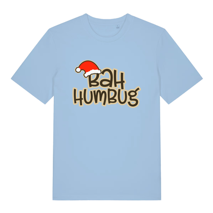 Sky blue women's Bah Humbug funny graphic t-shirt showing fun Santa hat on "BAH HUMBUG" lettering for holiday sarcasm  
