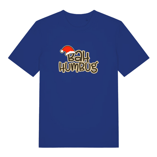 blue christmas t-shirt with the slogan 'bah humbug'