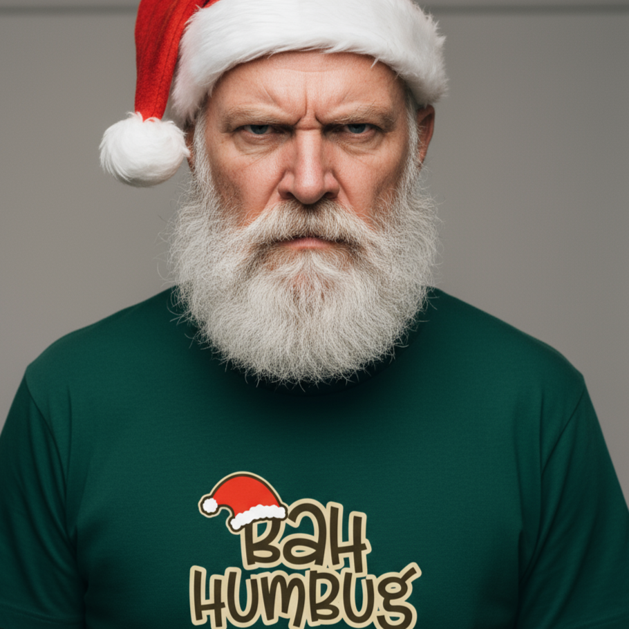 Man wearing a Santa hat and 'Bah Humbug' shirt against a gray background