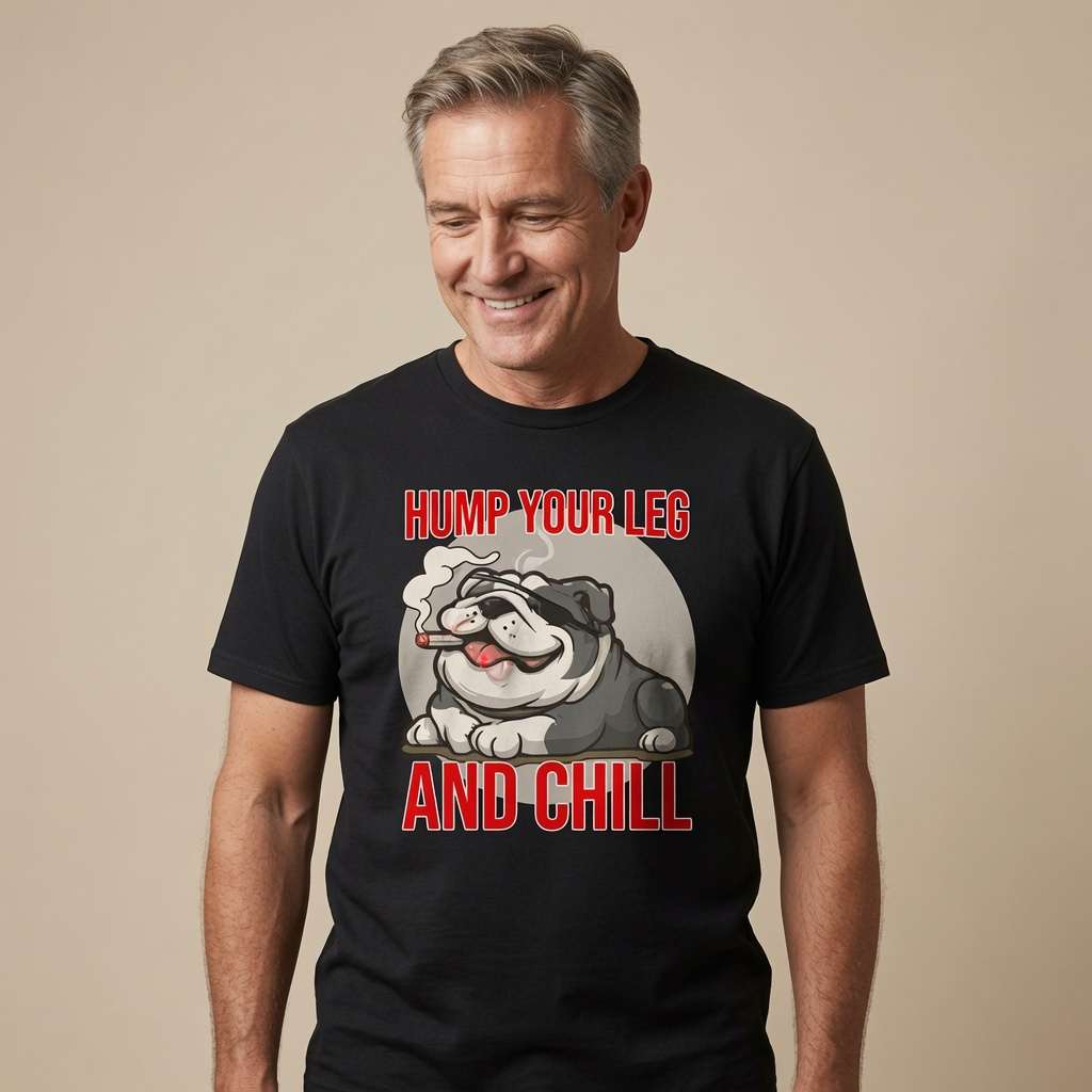 Grey-haired man looking down smiling in black Hump Your Leg and Chill tee with bulldog design, mens funny bull dog pun