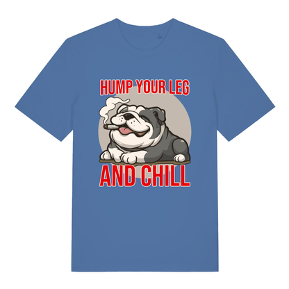 Blue Hump Your Leg funny graphic t-shirt featuring chilled bulldog with cigar and cheeky “HUMP YOUR LEG AND CHILL” text  