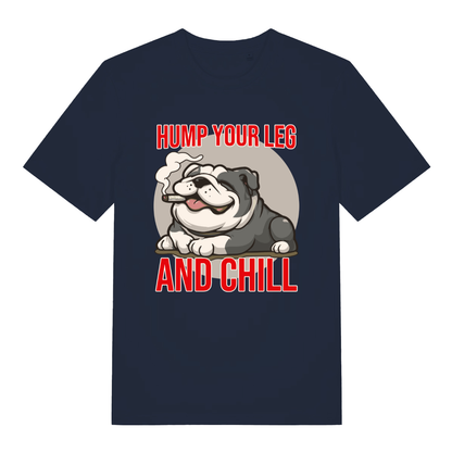 Navy Hump Your Leg funny graphic t-shirt with relaxed cigar-smoking bulldog and bold red chill slogan design  