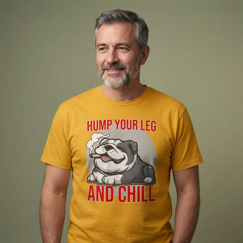 Grey-haired man smiling in yellow Hump Your Leg and Chill t-shirt featuring cool cigar-smoking bulldog, mens witty humorous bull dog pun graphic