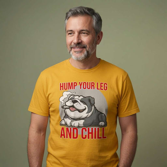 Grey-haired man smiling in yellow Hump Your Leg and Chill t-shirt featuring cool cigar-smoking bulldog, mens witty humorous bull dog pun graphic