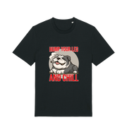 Black funny dog t-shirt with a graphic of a dog and the slogan 'Hump Your Leg and Chill' 