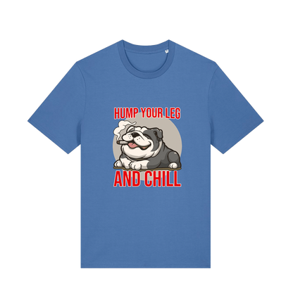 blue funny dog t-shirt with a graphic of a dog and the slogan 'Hump Your Leg and Chill' 