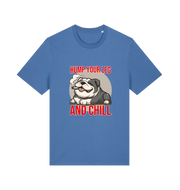 blue funny dog t-shirt with a graphic of a dog and the slogan 'Hump Your Leg and Chill' 
