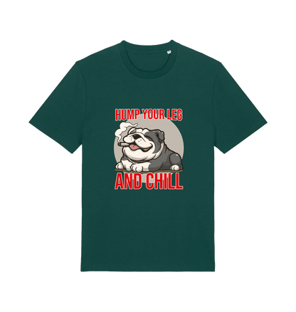 green funny dog t-shirt with a graphic of a dog and the slogan 'Hump Your Leg and Chill' 