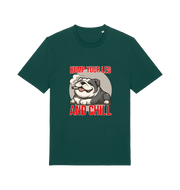 green funny dog t-shirt with a graphic of a dog and the slogan 'Hump Your Leg and Chill' 