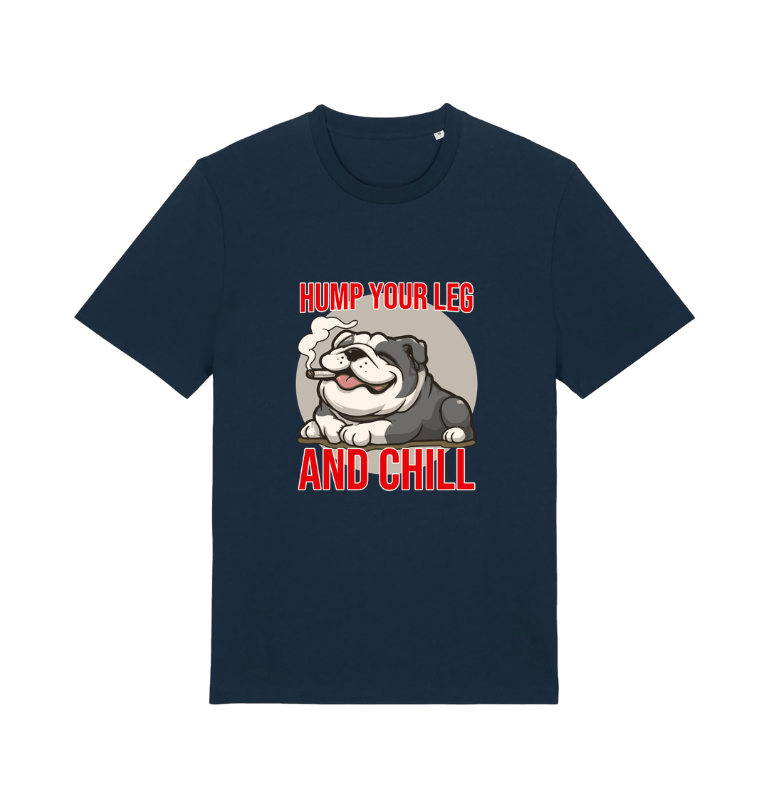 navy funny dog t-shirt with a graphic of a dog and the slogan 'Hump Your Leg and Chill' 